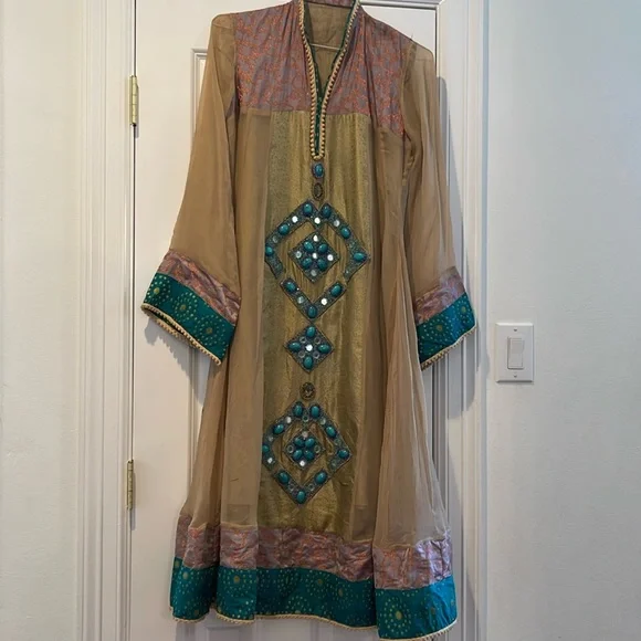 womens beige shirt dress Angelica Beige & Icy blue Dress by Thierry Colson XL